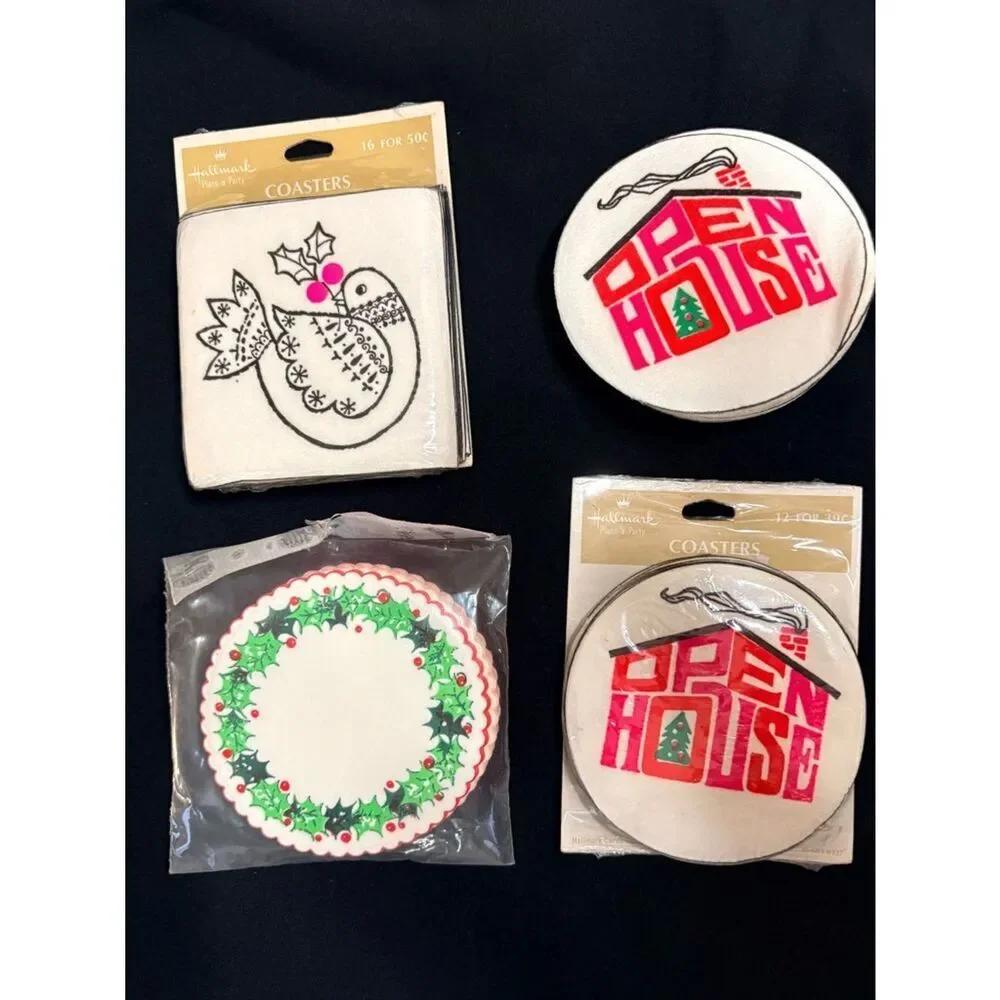 Vintage Christmas Coasters Lot Hallmark Holly Dove House Holiday Set